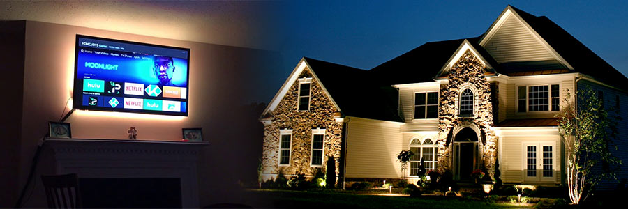 home lighting idea - TV backlight (left) and outdoor facade flood light (right)